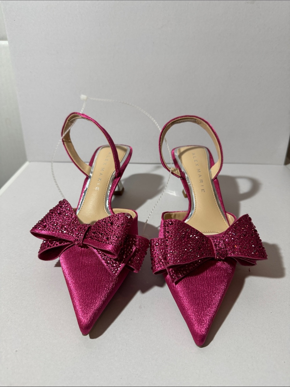 Alex Marie Magenta Satin Pointed-Toe Slingback Heels with Crystal Bow